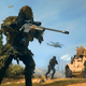 A sniper in a ghillie suit loads a rifle.